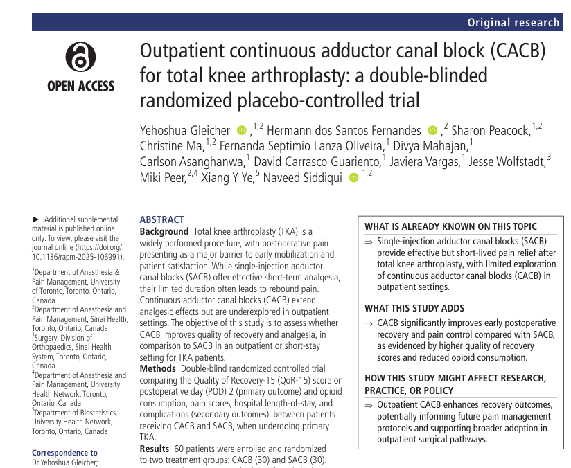Outpatient Continuous Adductor Canal Block (CACB) for TKA