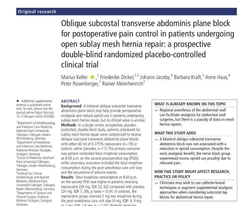 Oblique Subcostal TAP Block in Open Sublay Hernia Repair