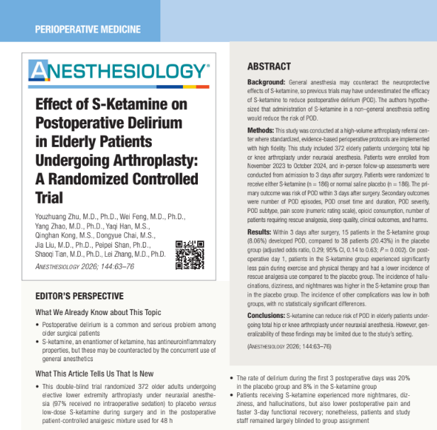 Perioperative S-Ketamine to Prevent POD in Elderly Arthroplasty Patients