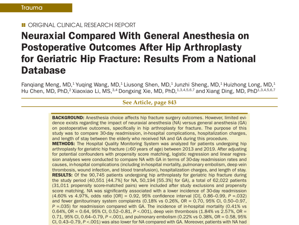 Neuraxial vs GA for Geriatric Hip Arthroplasty After Hip Fracture
