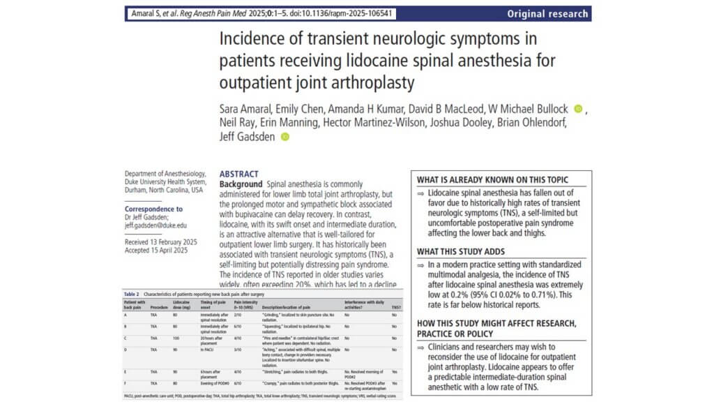 Transient Neurologic Symptoms After Lidocaine Spinal Anesthesia